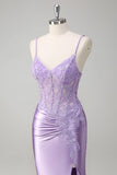 Lilac Mermaid Spaghetti Straps Long Formal Dress with Appliques