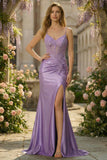 Lilac Mermaid Embroidered Satin Long Plus Size Formal Dress with Slit