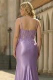 Lilac Mermaid Embroidered Satin Long Plus Size Formal Dress with Slit