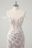 Sparkly White Mermaid Off the Shoulder Beaded Lace Corset Ruched Formal Dress with Slit