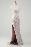 Sparkly White Mermaid Off the Shoulder Beaded Lace Corset Ruched Formal Dress with Slit