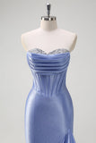 Sparkly Grey Blue Mermaid Strapless Ruffle Corset Satin Long Formal Dress with Slit