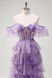 Lilac A-Line Off the Shoulder Corset Floral Ruffles Long Formal Dress with Slit