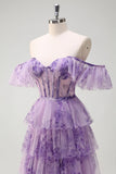 Lilac A-Line Off the Shoulder Corset Floral Ruffles Long Formal Dress with Slit