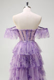 Lilac A-Line Off the Shoulder Corset Floral Ruffles Long Formal Dress with Slit