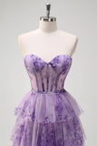 Lilac A-Line Off the Shoulder Corset Floral Ruffles Long Formal Dress with Slit