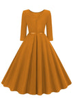 Yellow Round Neck Short Sleeves A-Line Midi 1950s Dress with Belt