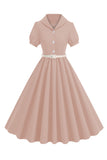 Black V-neck Short Sleeves A-Line Midi 1950s Dress with Belt