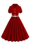 Black V-neck Short Sleeves A-Line Midi 1950s Dress with Belt