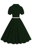 Black V-neck Short Sleeves A-Line Midi 1950s Dress with Belt