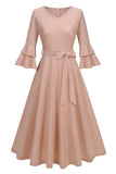 Apricot A-Line V-neck Half Sleeves Midi 1950s Dress