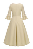 Apricot A-Line V-neck Half Sleeves Midi 1950s Dress