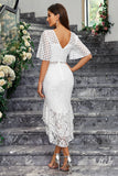 White Mermaid Lace Short Sleeves Ruffle High-Low Dress