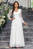 A-Line Long Sleeves V Neck Long White Dress