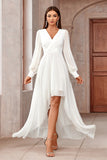 White A-Line Wrap Long Sleeves High-Low Party Dress