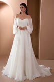 White Off the Shoulder Long Sleeves A-Line Wedding Party Dress