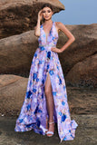 Floral Print Blue Purple A Line Halter Formal Dress with Slit