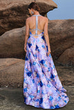 Floral Print Blue Purple A Line Halter Formal Dress with Slit