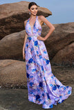 Floral Print Blue Purple A Line Halter Formal Dress with Slit