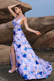 Floral Print Blue Purple A Line Halter Formal Dress with Slit