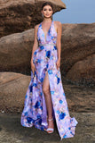 Floral Print Blue Purple A Line Halter Formal Dress with Slit