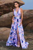 Floral Print Blue Purple A Line Halter Formal Dress with Slit