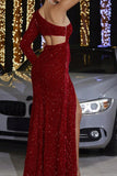 Sparkly Red Hollow Out One Shoulder Mermaid Formal Dress with Slit