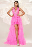 Fuchsia A Line Halter Tiered Tulle Formal Dress with Slit