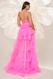 Fuchsia A Line Halter Tiered Tulle Formal Dress with Slit