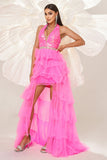 Fuchsia A Line Halter Tiered Tulle Formal Dress with Slit