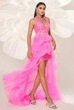 Fuchsia A Line Halter Tiered Tulle Formal Dress with Slit