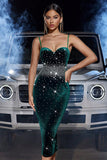 Sparkly Dark Green Bodycon Tea Length Formal Dress with Rhinestone