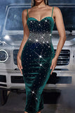 Sparkly Dark Green Bodycon Tea Length Formal Dress with Rhinestone