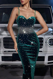 Sparkly Dark Green Bodycon Tea Length Formal Dress with Rhinestone