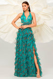 Dark Green Floral Halter A Line Tulle Formal Dress with Slit