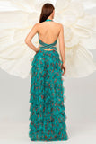 Dark Green Floral Halter A Line Tulle Formal Dress with Slit