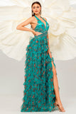 Dark Green Floral Halter A Line Tulle Formal Dress with Slit