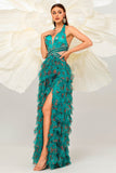 Dark Green Floral Halter A Line Tulle Formal Dress with Slit