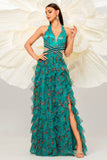 Dark Green Floral Halter A Line Tulle Formal Dress with Slit