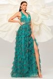 Dark Green Floral Halter A Line Tulle Formal Dress with Slit