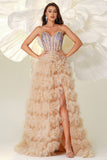 Champagne A Line Sweetheart Corset Tiered Tulle Long Formal Dress with Slit