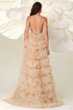 Champagne A Line Sweetheart Corset Tiered Tulle Long Formal Dress with Slit