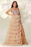 Champagne A Line Sweetheart Corset Tiered Tulle Long Formal Dress with Slit