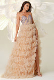 Champagne A Line Sweetheart Corset Tiered Tulle Long Formal Dress with Slit