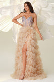 Champagne A Line Sweetheart Corset Tiered Tulle Long Formal Dress with Slit