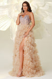 Champagne A Line Sweetheart Corset Tiered Tulle Long Formal Dress with Slit