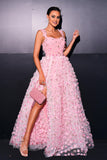 Pink A Line Tulle Slit Long Formal Dress with Appliques