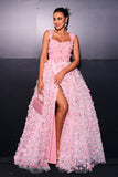 Pink A Line Tulle Slit Long Formal Dress with Appliques