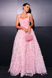 Pink A Line Tulle Slit Long Formal Dress with Appliques