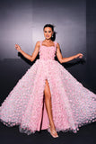 Pink A Line Tulle Slit Long Formal Dress with Appliques